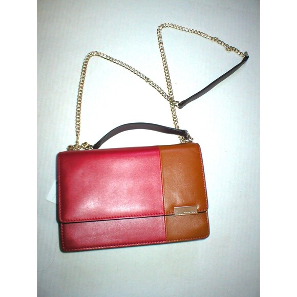 New NWT Trina Turk Designer Handbag Red Purple Tan Leather Flap Silver Womens - Picture 3 of 10